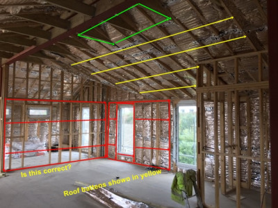 I have marked out the way I THINK i should do this and just need confirmation this IS the correct way to do things. <br /><br />WALLS:<br />I assume I place battens around the window frames first (making sure i notch out where the window straps are to keep things level<br /><br />2) Then place battens around the entire perimeter of the frame (top and bottom) and then lay my battens every 400mm to pick up the plasterboard)   <br /><br />3) Does it matter if i lay the battens horizontally or vertically? If i go vertical (and follow the timber frame studs) then do i HAVE to do the same on the <br />roof?<br /> <br />ROOF <br />As you can see there are some complicated angles here <br /><br />1) Once again i assume best course of action is to go horizontal every 400mm ? <br /><br />2) On the hips joins how far across should my batten be? I mean do i leave a gap or do i try make both battens meet up by cutting the batten to the shape of the hip join?<br /><br />would ypou suggest horizontal or vertical battening on this roof - please remember i have to plasterboard this roof so i am looking for the solution which makes plasterboard easiest and will give me the best finish once done <br /><br />all help greatly appreciated