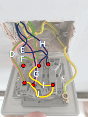 Downstairs labelled wires. I've coloured the wires based on which wire they have come from in the wall.