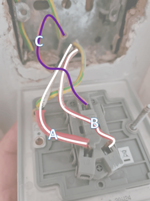 Upstairs labelled wires. I've coloured the wires based on which wire they have come from in the wall.