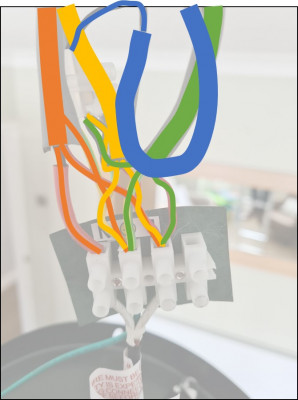 Photo of the wiring with the wires that come from the same wire coloured in their groups