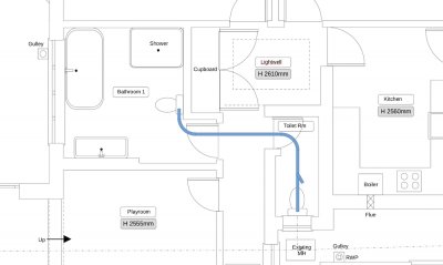 Bathroom Plan - proposed soil drainage in blue.