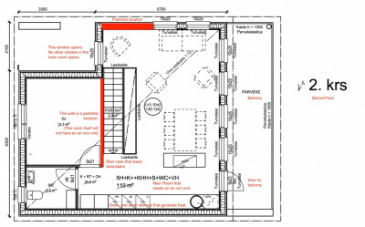 Upstairs plan. Red blocks indicate walls that can fit the aircon unit.